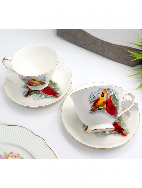 Porcelain Cardinals 2 Cups & 2 Saucers With Gift Box